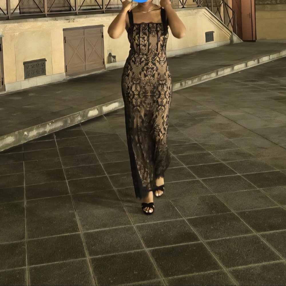Lulu's Black and Tan Lace Maxi Dress